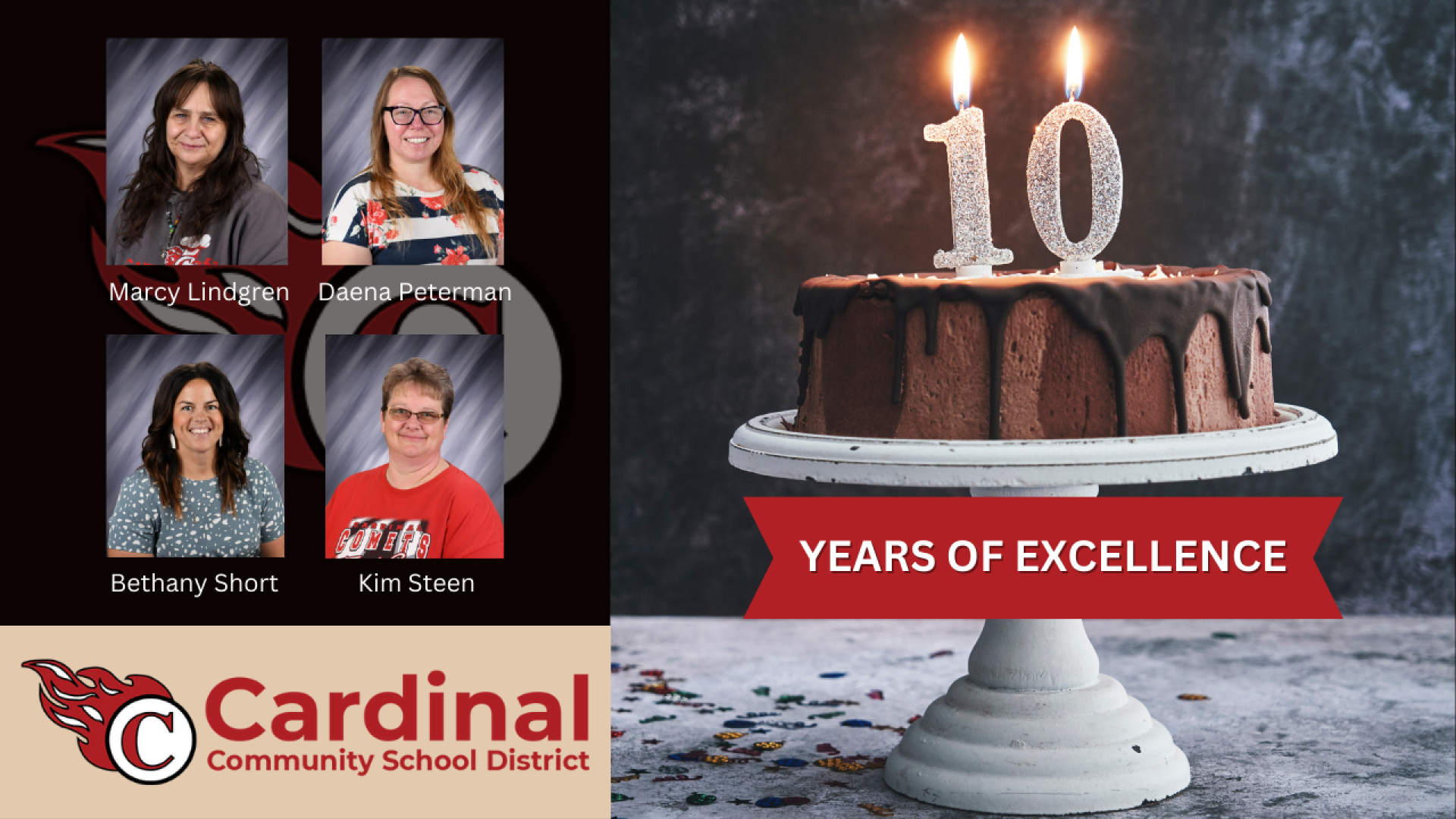 10 Years of Excellence. Marcy Lindgren, Daena Peterman, Bethany Short, Kim Steen. Cardinal Community School District.