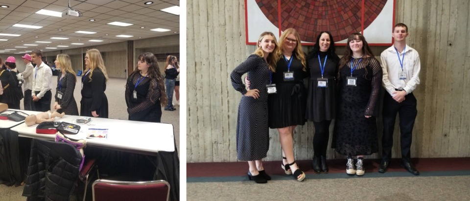 Cardinal students pose at the CDC conference in front of a wall and while they're exploring a booth.